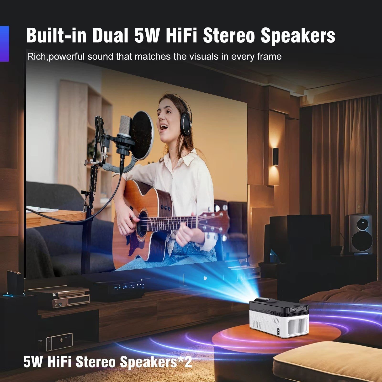 Вградено аудио с два 5W HiFi стерео високоговорителя в проектор HY450 – отлично озвучаване за гледане на филми и музика Вградено аудио с два 5W HiFi стерео високоговорителя в проектор HY450 – отлично озвучаване за гледане на филми и музика
